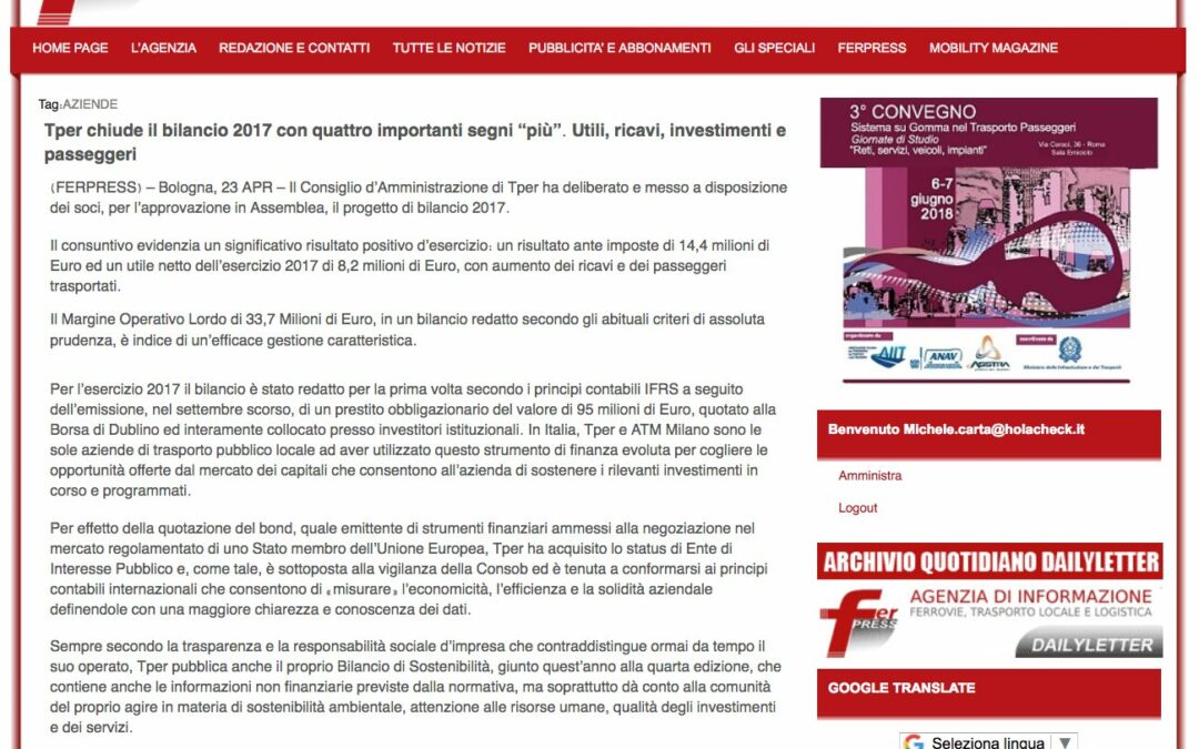 Tper chiude il bilancio 2017 con più utili, ricavi, investimenti e passeggeri